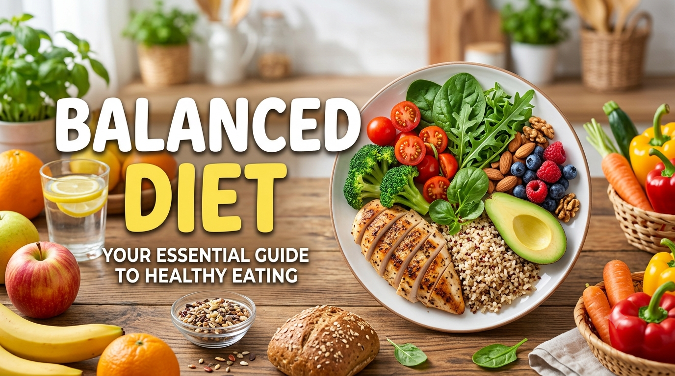 A vibrant, high-quality website thumbnail for a "Balanced Diet" article, featuring a beautifully arranged plate of healthy food—grilled chicken, quinoa, avocado, fresh spinach, broccoli, tomatoes, and berries—set on a rustic wooden table surrounded by fresh fruits, vegetables, and whole grains.