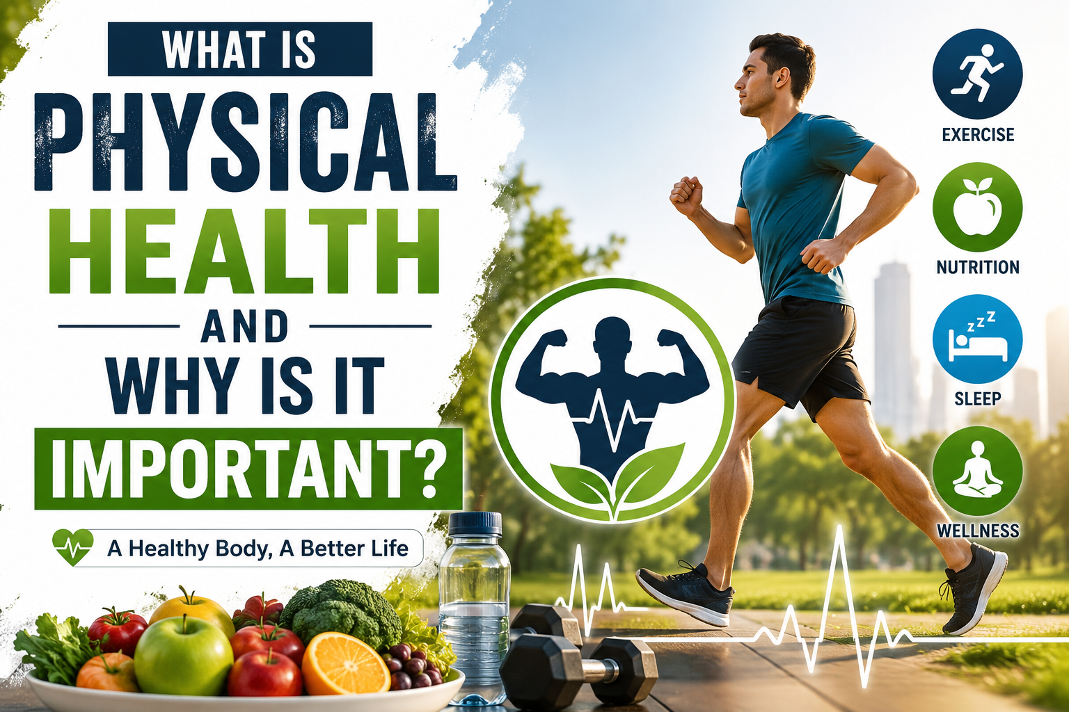 A person jogging outdoors with healthy food and fitness icons representing physical health, exercise, nutrition, and overall wellness